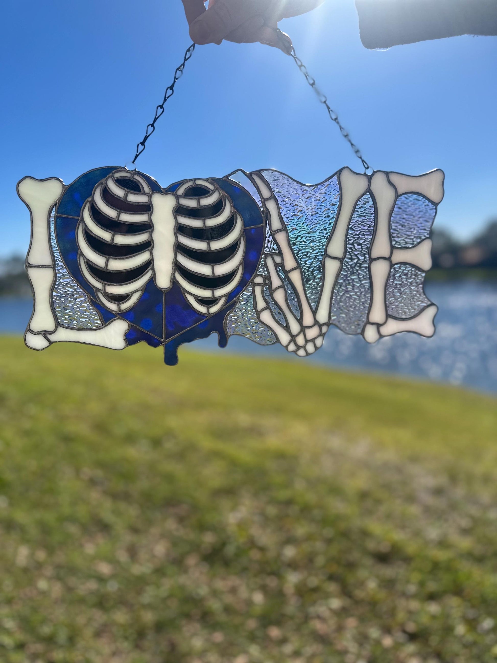 LOVE Skeletal Hands Stained Glass Panel – Gothic Home Hanging Decor