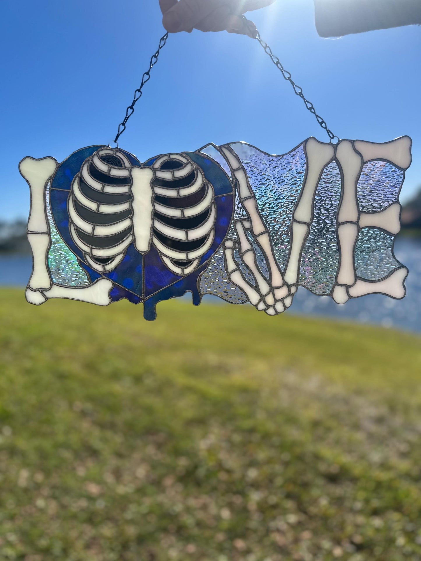 LOVE Skeletal Hands Stained Glass Panel – Gothic Home Hanging Decor