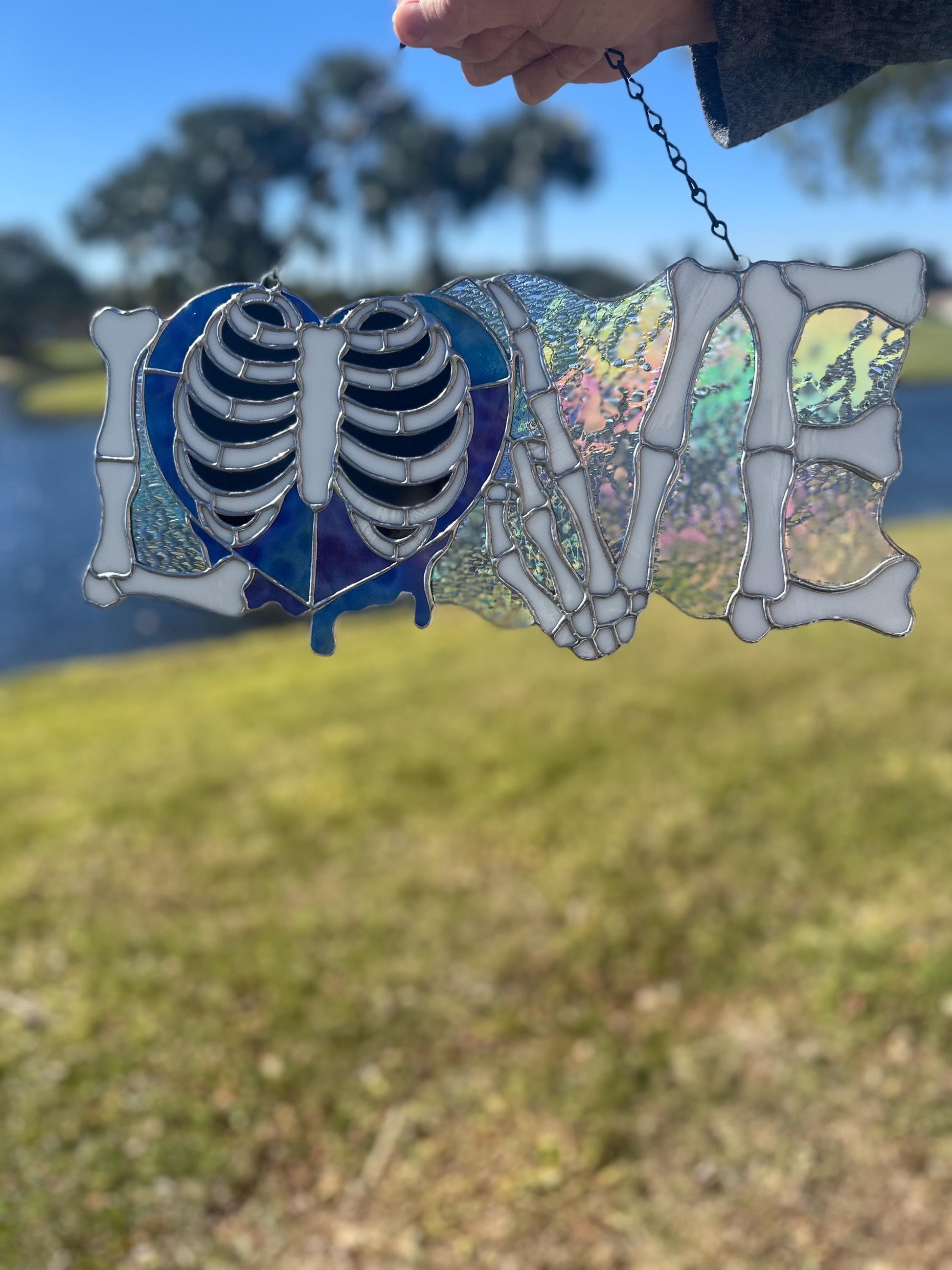 LOVE Skeletal Hands Stained Glass Panel – Gothic Home Hanging Decor