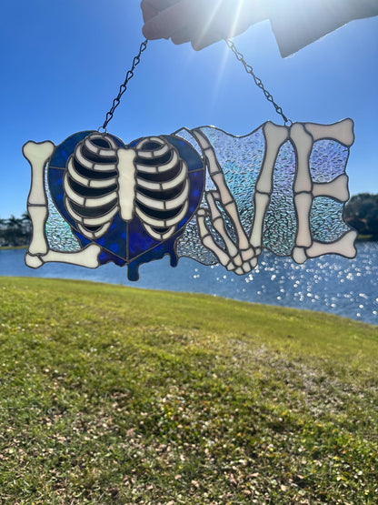 LOVE Skeletal Hands Stained Glass Panel – Gothic Home Hanging Decor