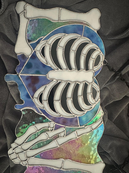 LOVE Skeletal Hands Stained Glass Panel – Gothic Home Hanging Decor