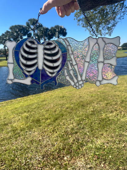 LOVE Skeletal Hands Stained Glass Panel – Gothic Home Hanging Decor