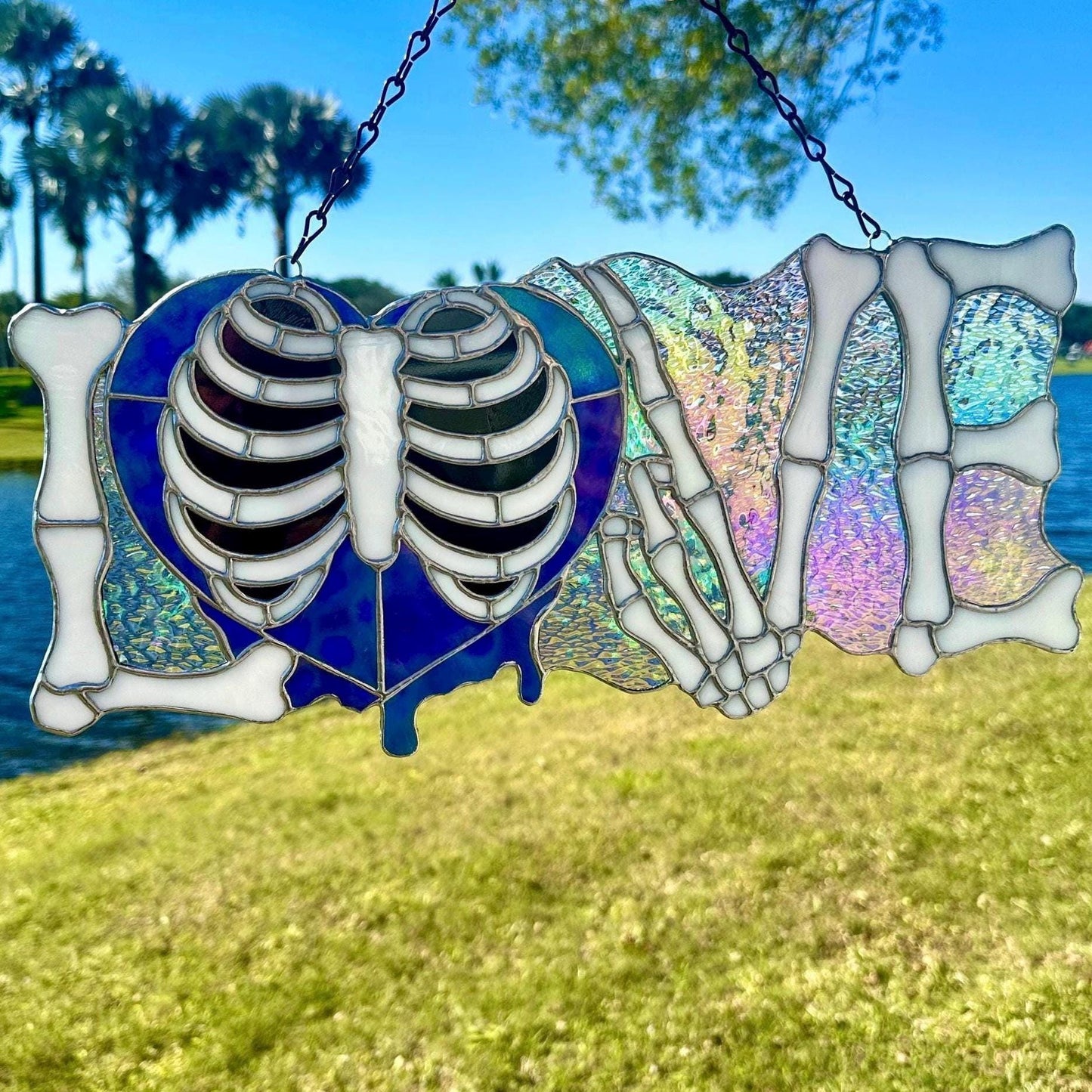 LOVE Skeletal Hands Stained Glass Panel – Gothic Home Hanging Decor