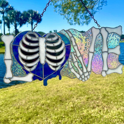 LOVE Skeletal Hands Stained Glass Panel – Gothic Home Hanging Decor