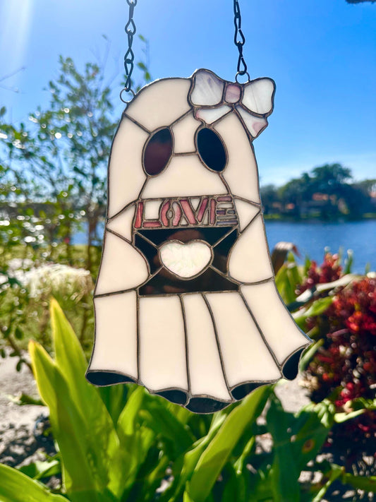 Love Letter Ghost Stained Glass Suncatcher – Gothic Valentine Window Art