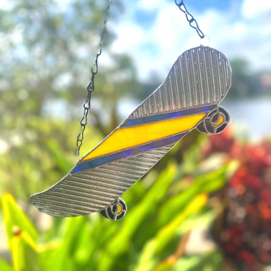Retro Skateboard Stained Glass Suncatcher – Handmade Window Art for Punks and Goths