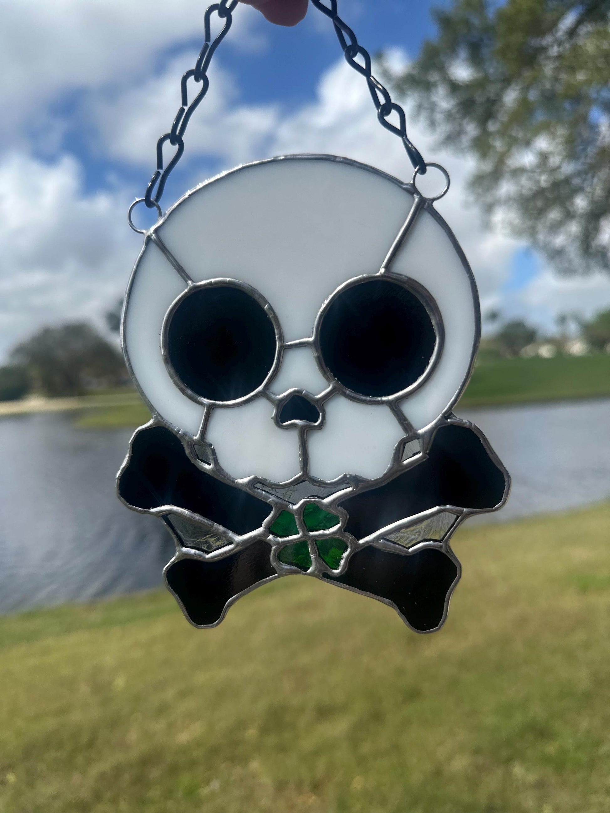 Four Leaf Clover Skull & Crossbones Stained Glass Suncatcher