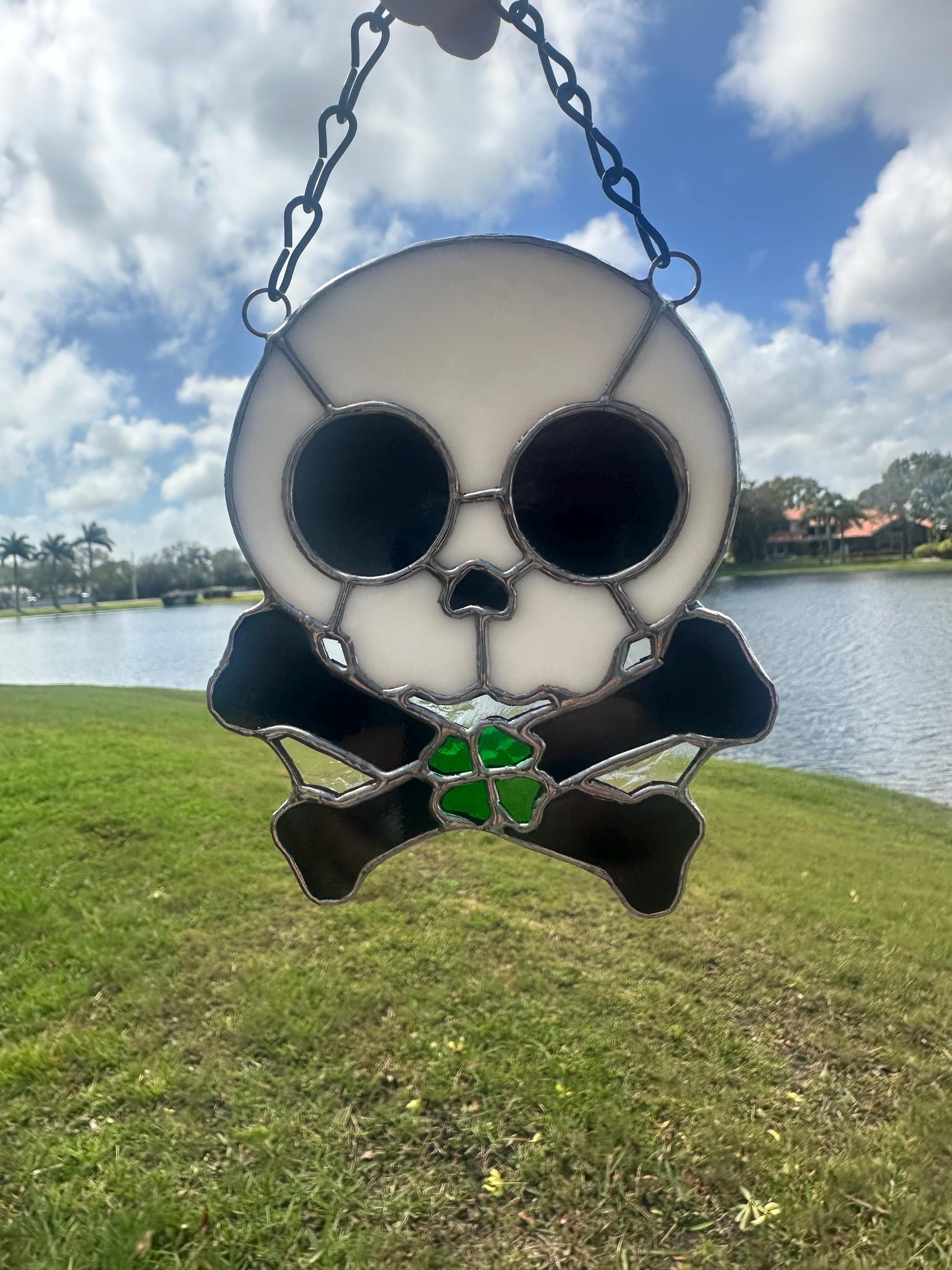 Four Leaf Clover Skull & Crossbones Stained Glass Suncatcher