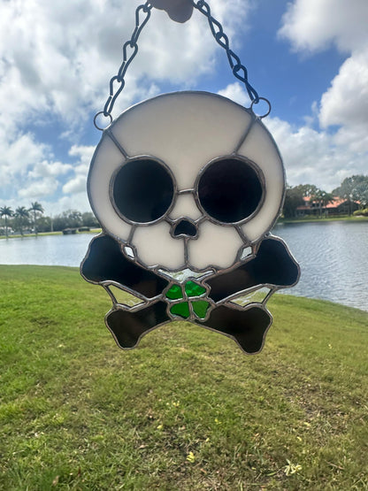 Four Leaf Clover Skull & Crossbones Stained Glass Suncatcher