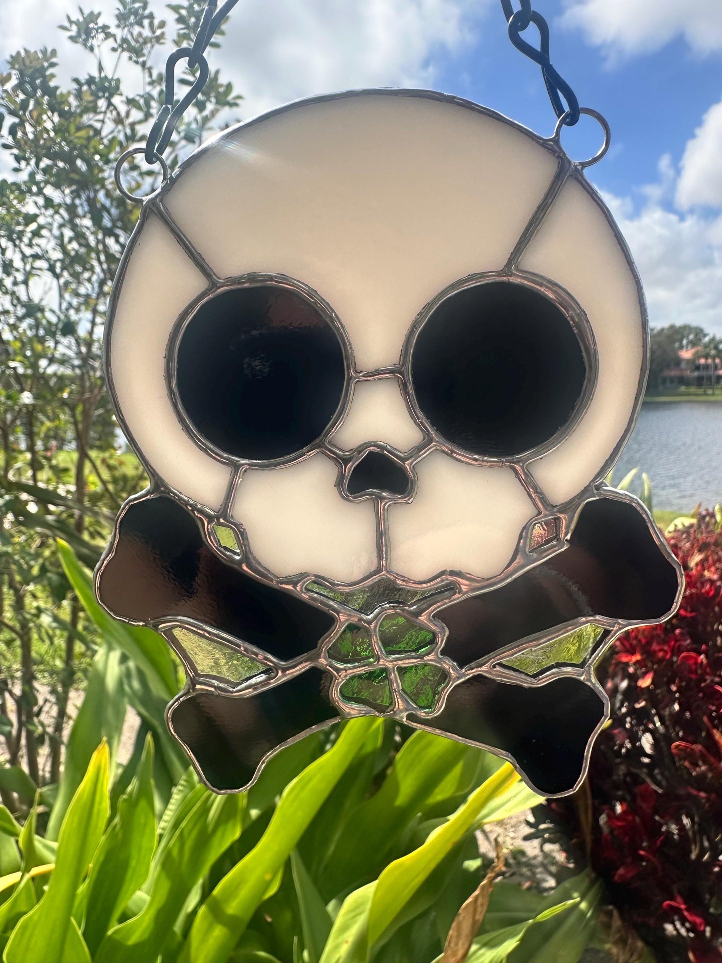 Four Leaf Clover Skull & Crossbones Stained Glass Suncatcher