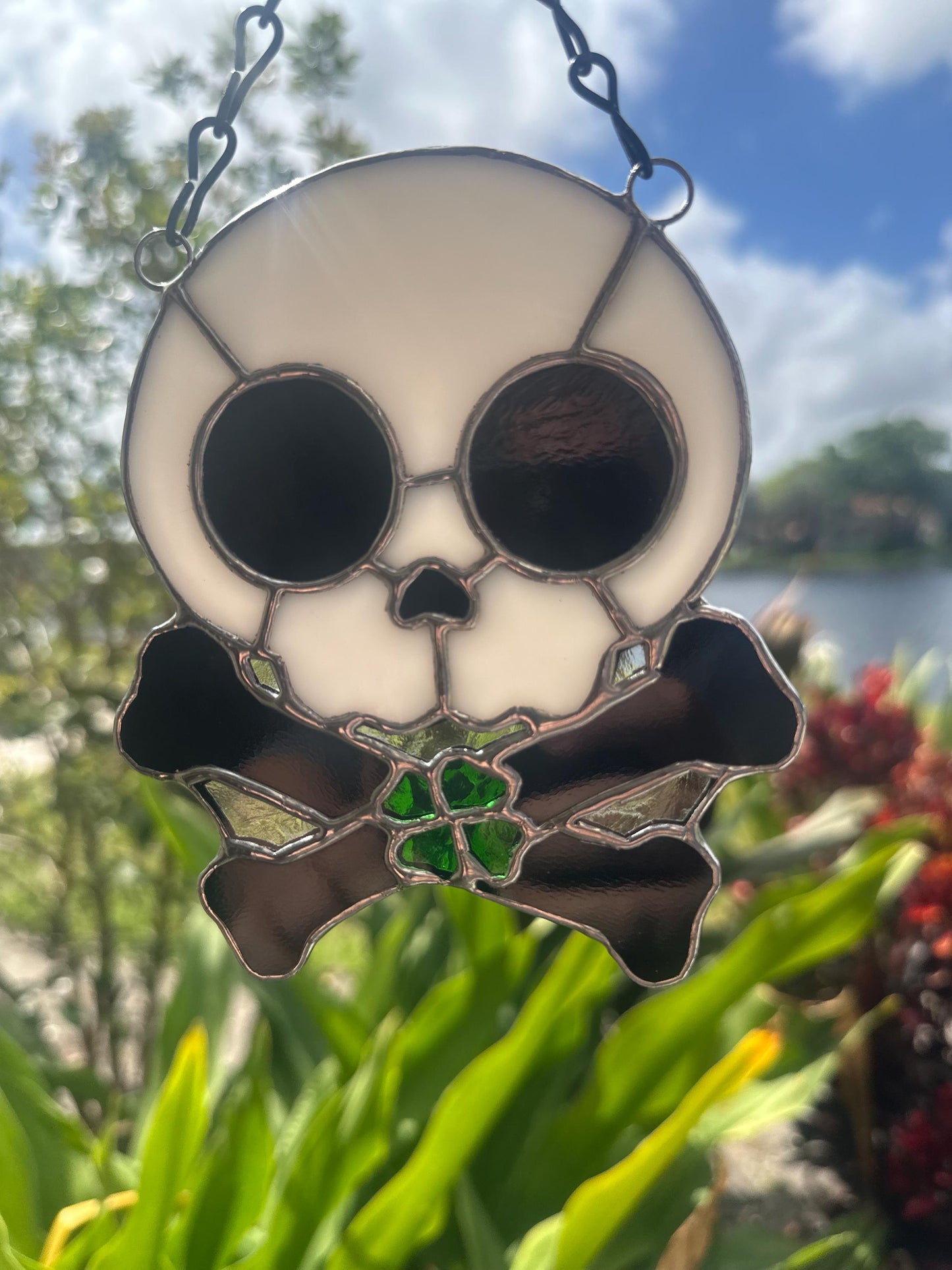 Four Leaf Clover Skull & Crossbones Stained Glass Suncatcher