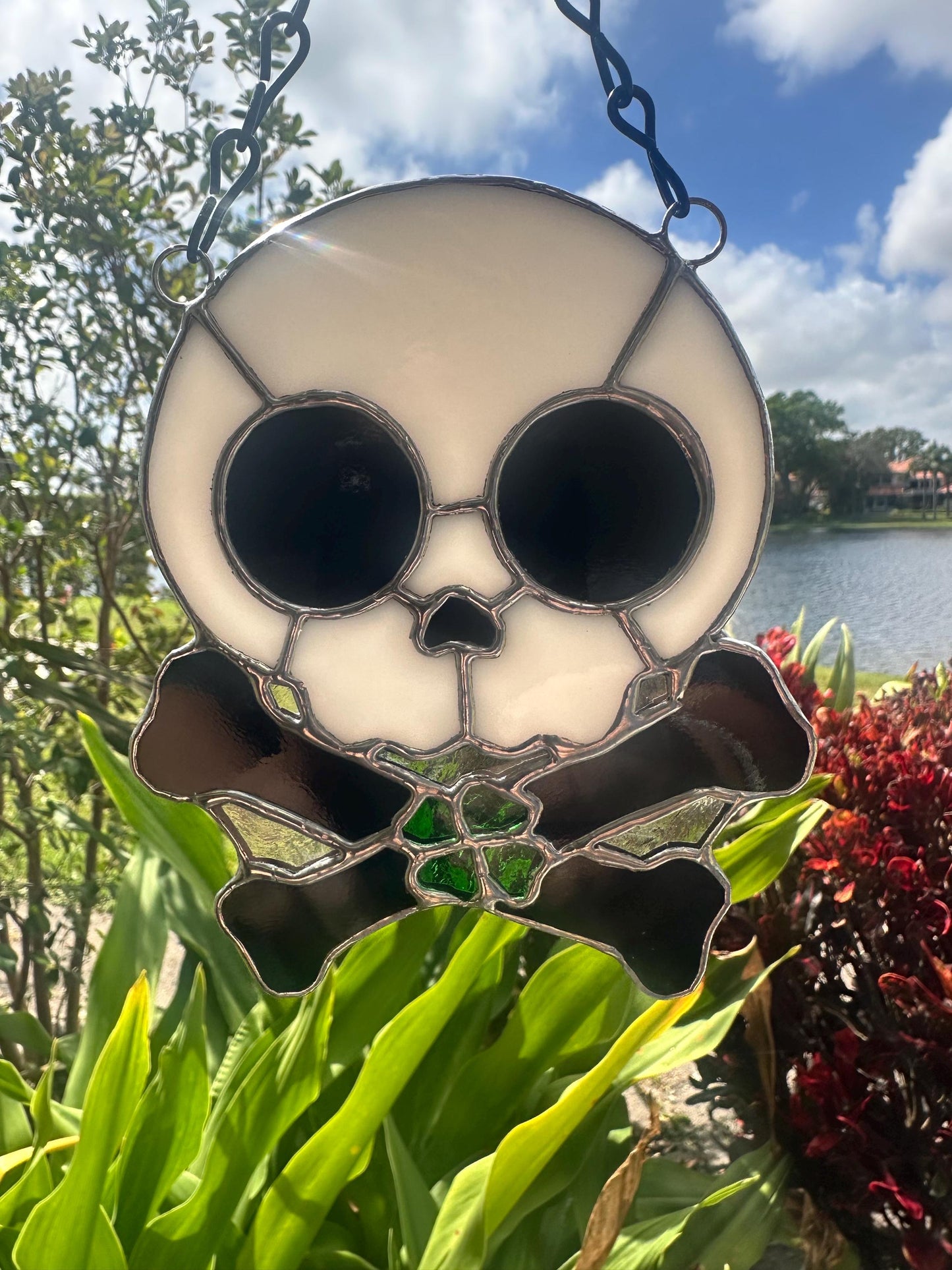 Four Leaf Clover Skull & Crossbones Stained Glass Suncatcher
