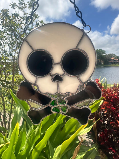 Four Leaf Clover Skull & Crossbones Stained Glass Suncatcher