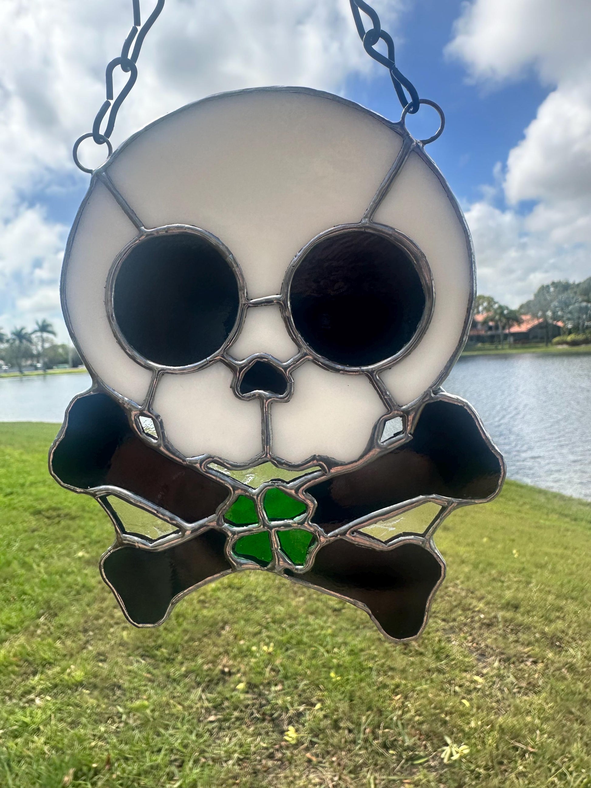 Four Leaf Clover Skull & Crossbones Stained Glass Suncatcher
