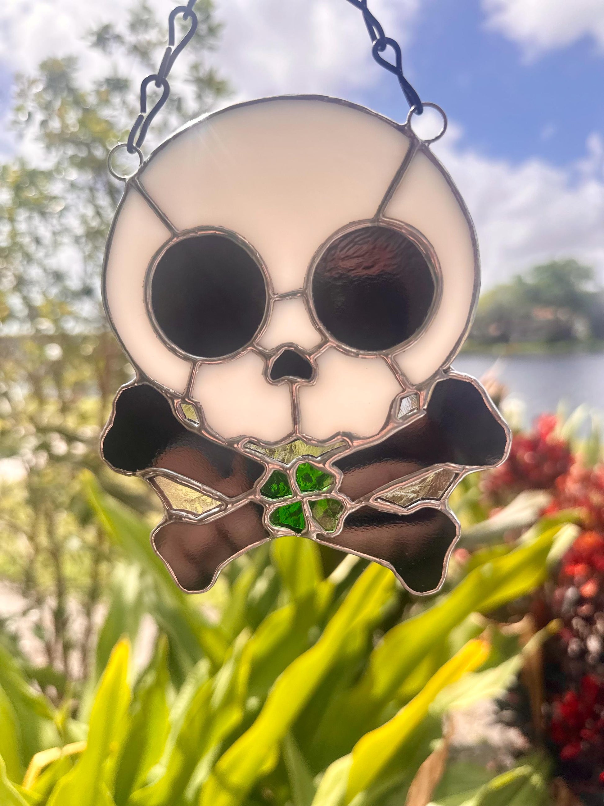 Four Leaf Clover Skull & Crossbones Stained Glass Suncatcher