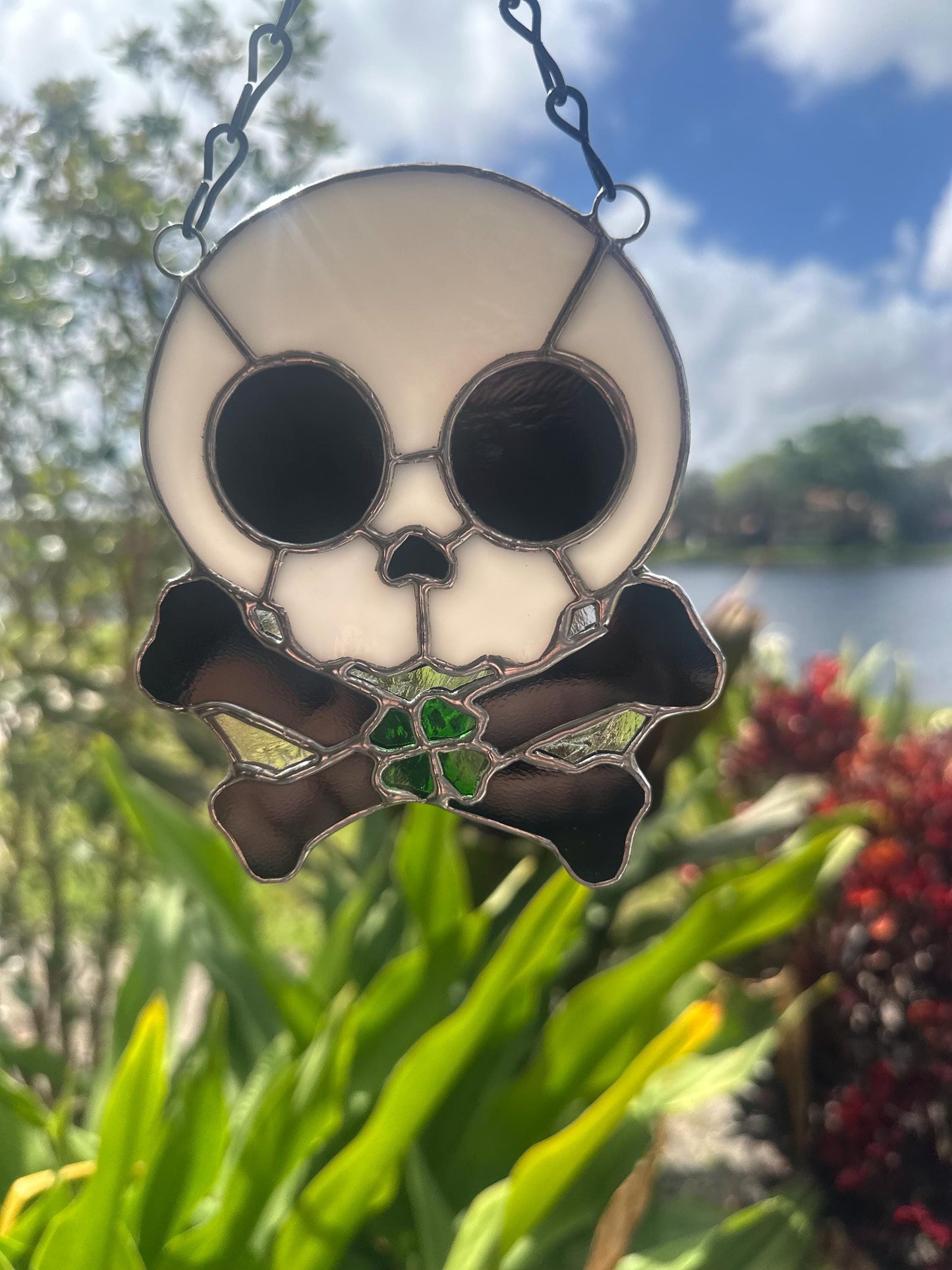 Four Leaf Clover Skull & Crossbones Stained Glass Suncatcher