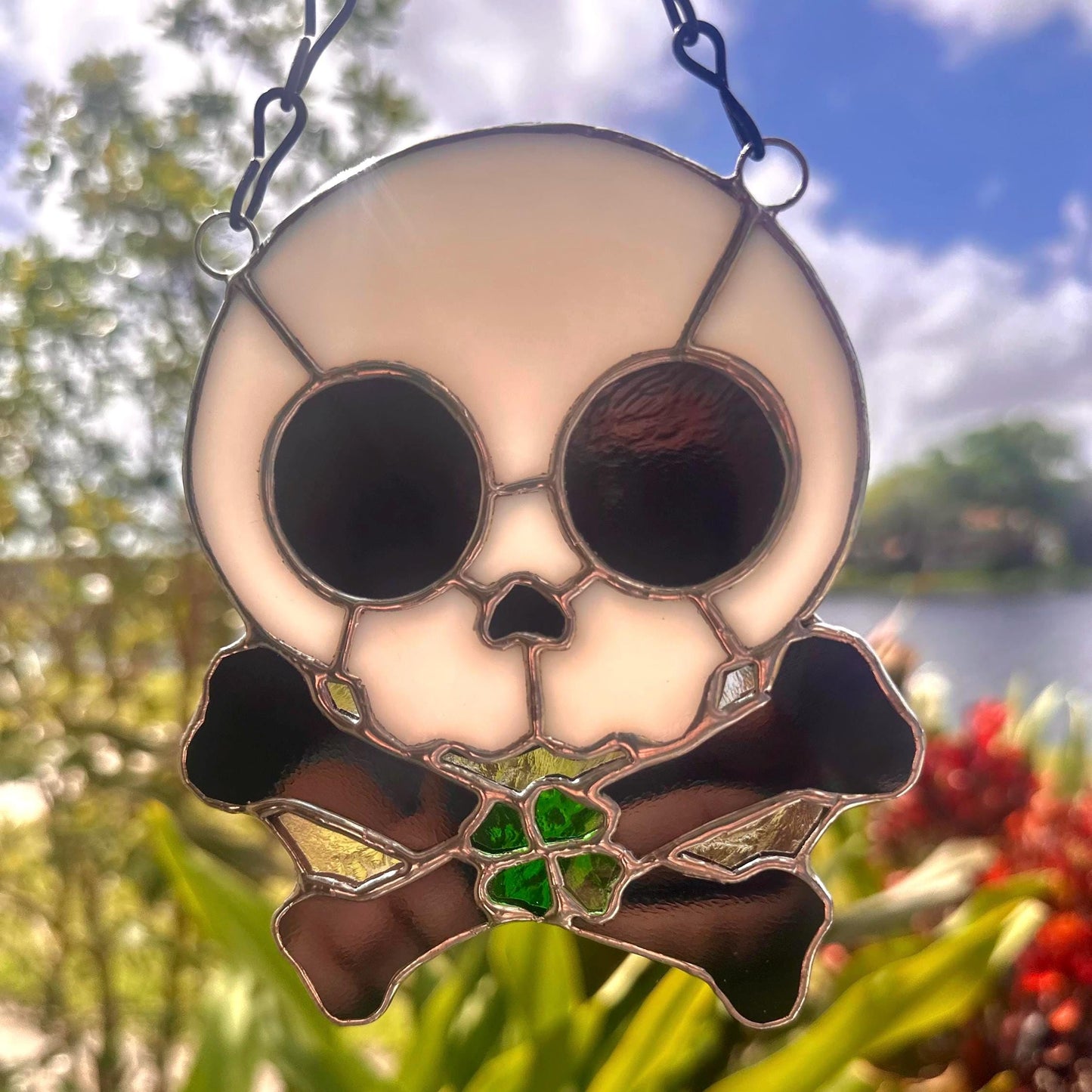 Four Leaf Clover Skull & Crossbones Stained Glass Suncatcher