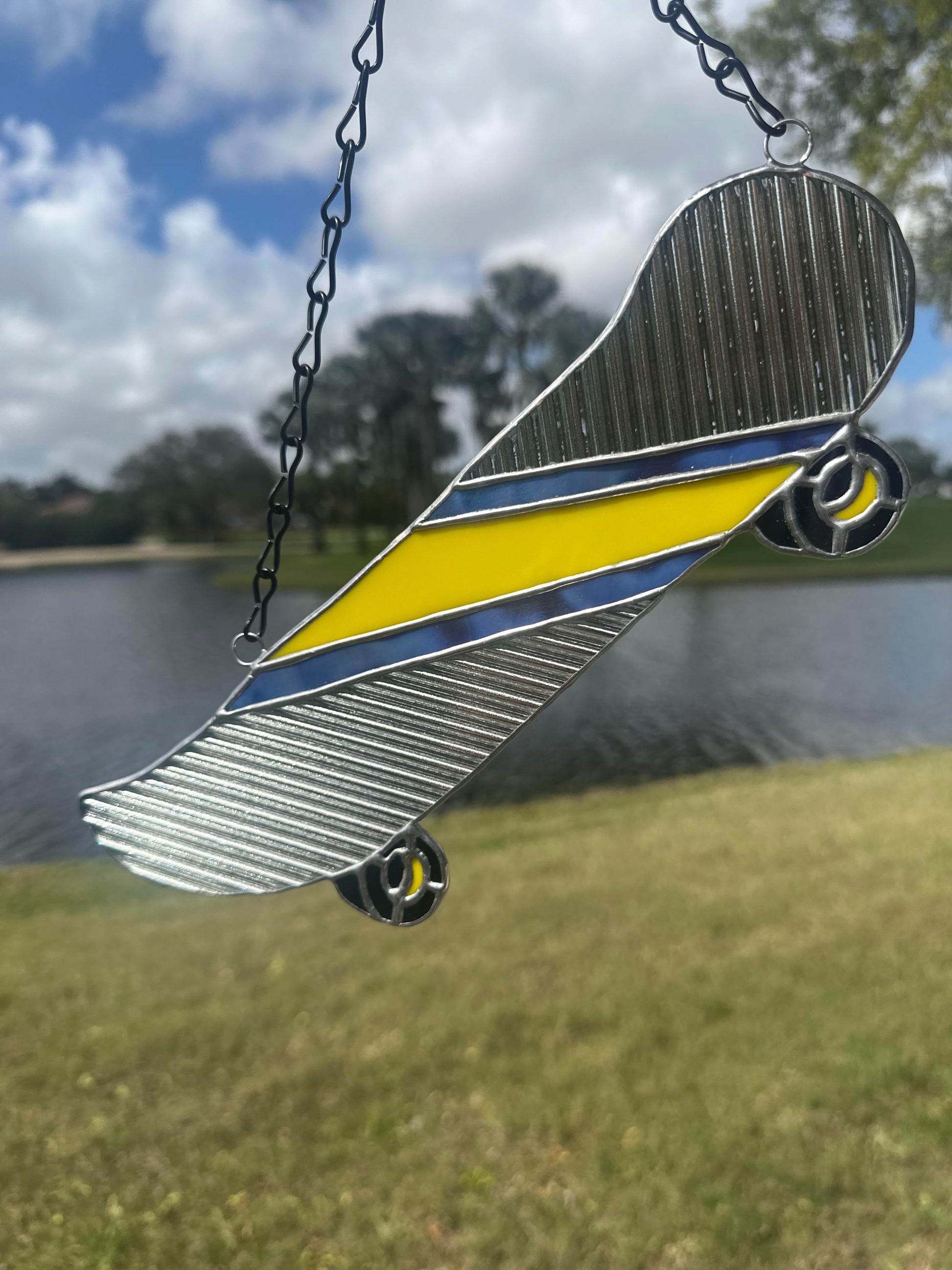 Retro Skateboard Stained Glass Suncatcher – Handmade Window Art for Punks and Goths