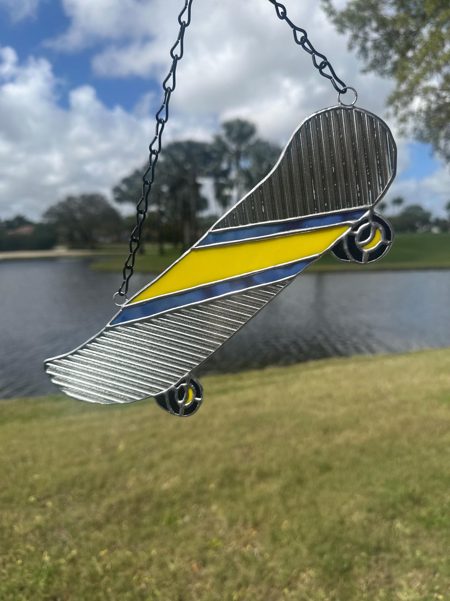 Retro Skateboard Stained Glass Suncatcher – Handmade Window Art for Punks and Goths