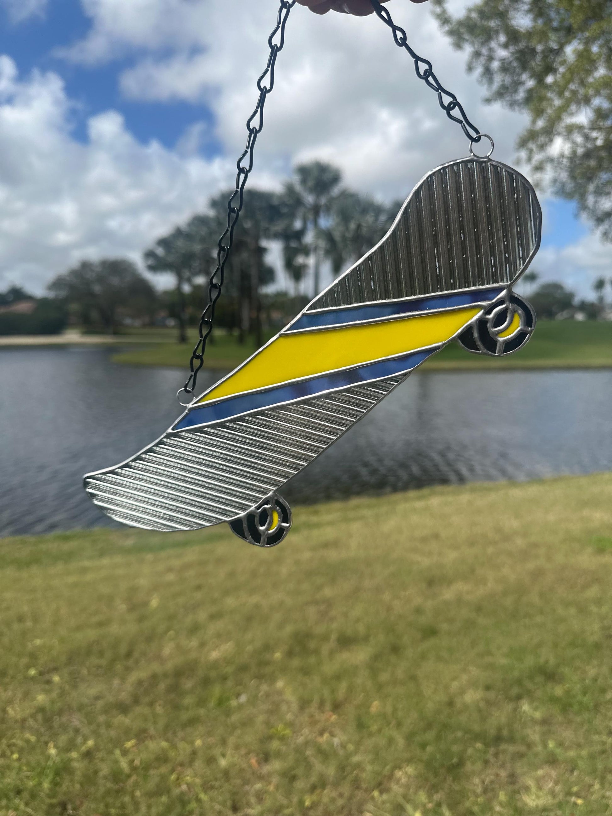 Retro Skateboard Stained Glass Suncatcher – Handmade Window Art for Punks and Goths