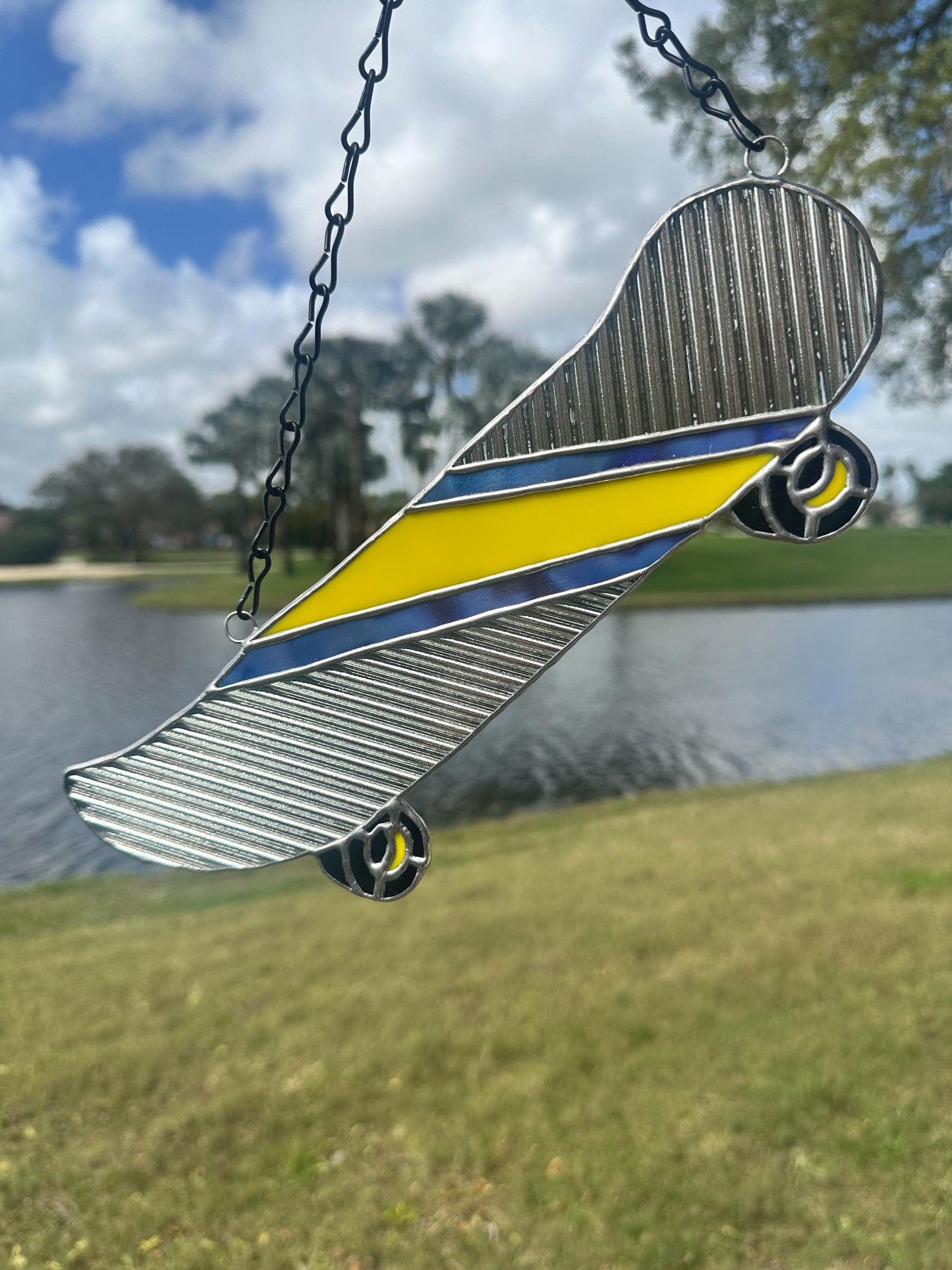Retro Skateboard Stained Glass Suncatcher – Handmade Window Art for Punks and Goths