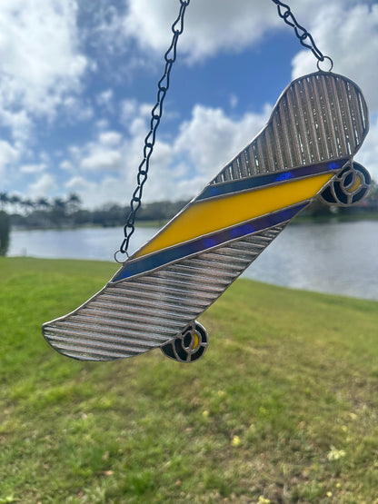 Retro Skateboard Stained Glass Suncatcher – Handmade Window Art for Punks and Goths