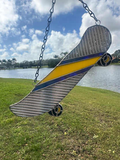 Retro Skateboard Stained Glass Suncatcher – Handmade Window Art for Punks and Goths