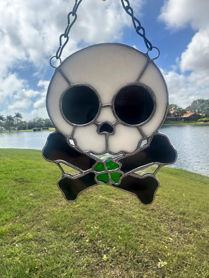 Four Leaf Clover Skull & Crossbones Stained Glass Suncatcher