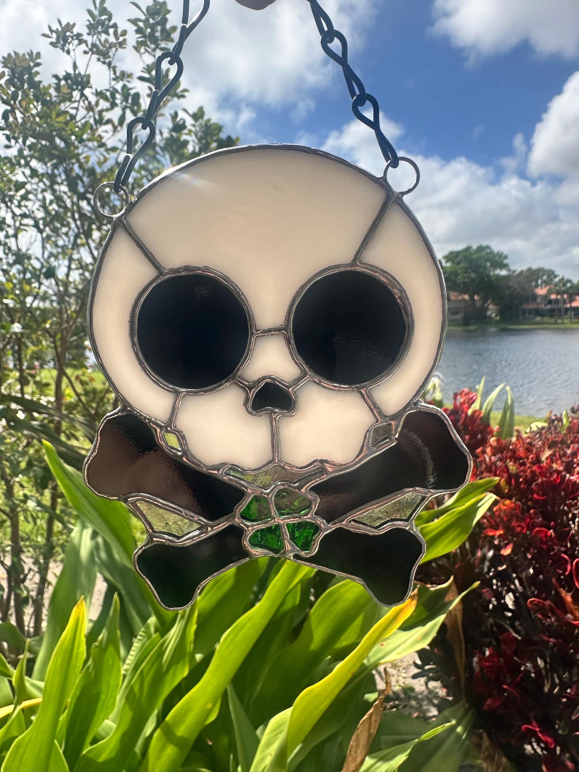 Four Leaf Clover Skull & Crossbones Stained Glass Suncatcher