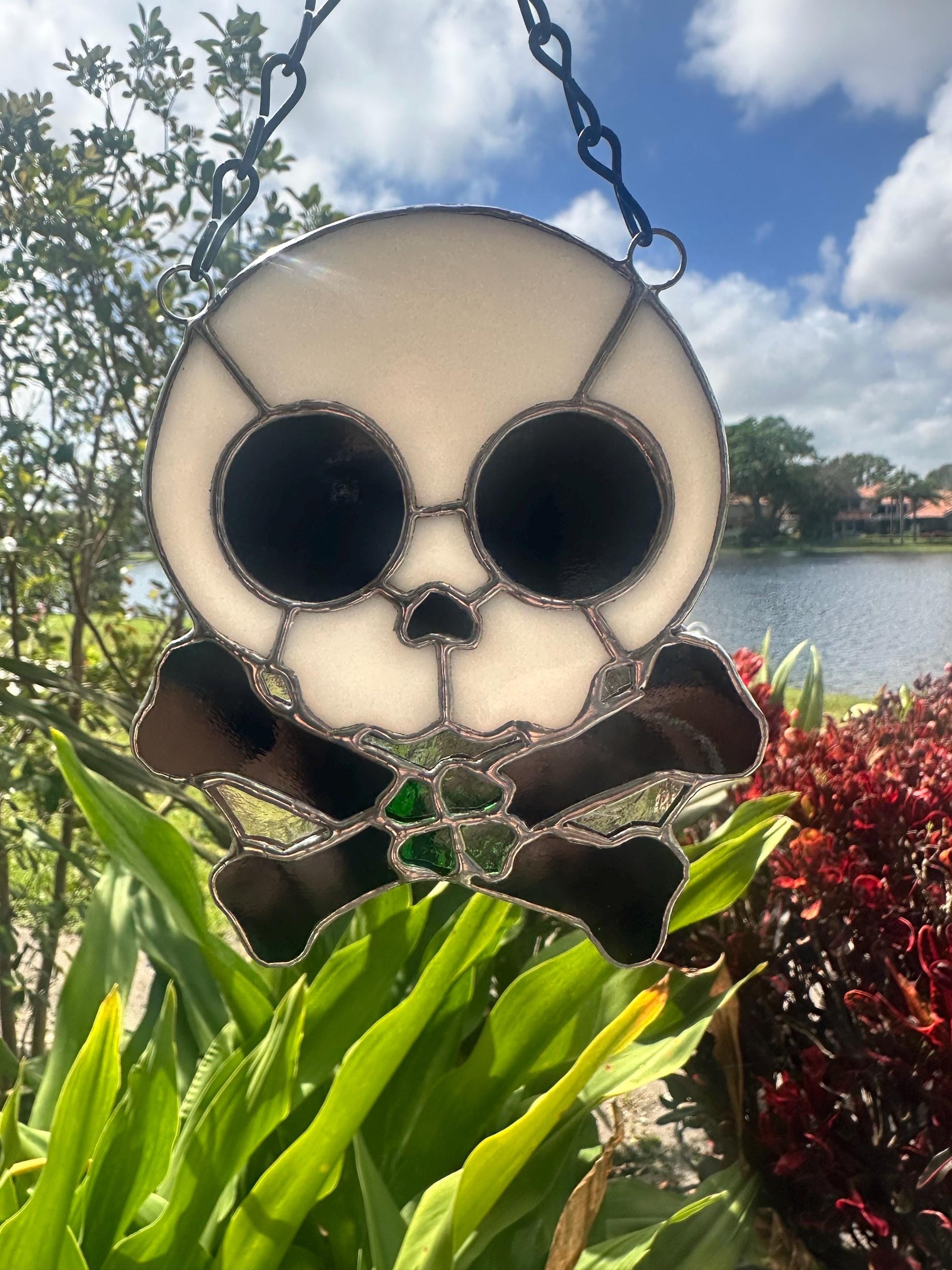 Four Leaf Clover Skull & Crossbones Stained Glass Suncatcher