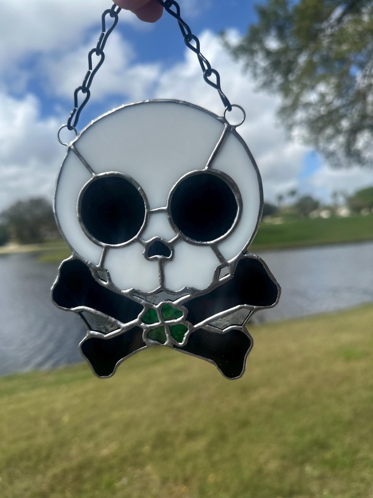 Four Leaf Clover Skull & Crossbones Stained Glass Suncatcher