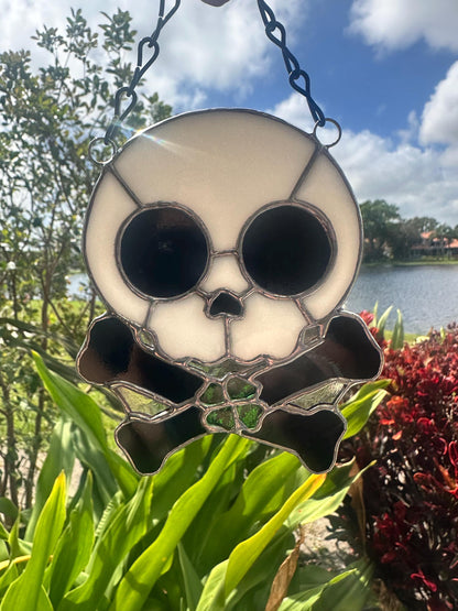 Four Leaf Clover Skull & Crossbones Stained Glass Suncatcher
