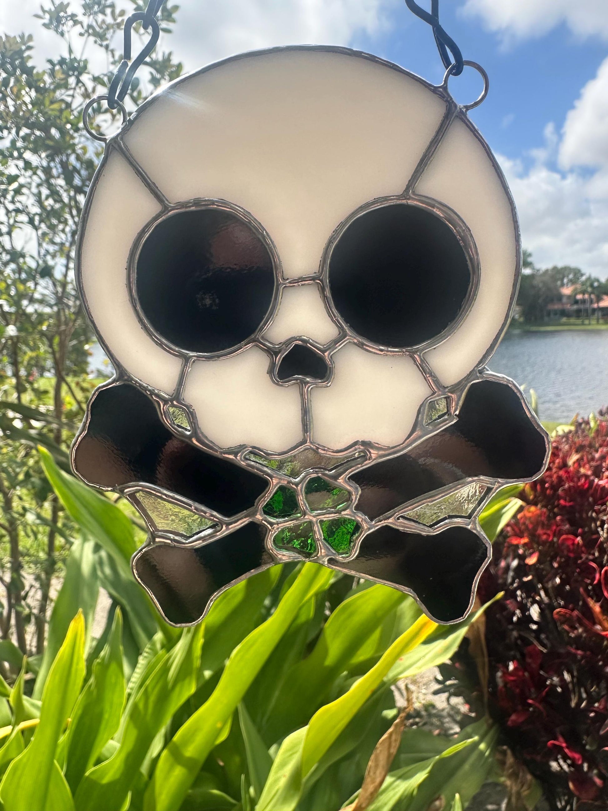 Four Leaf Clover Skull & Crossbones Stained Glass Suncatcher