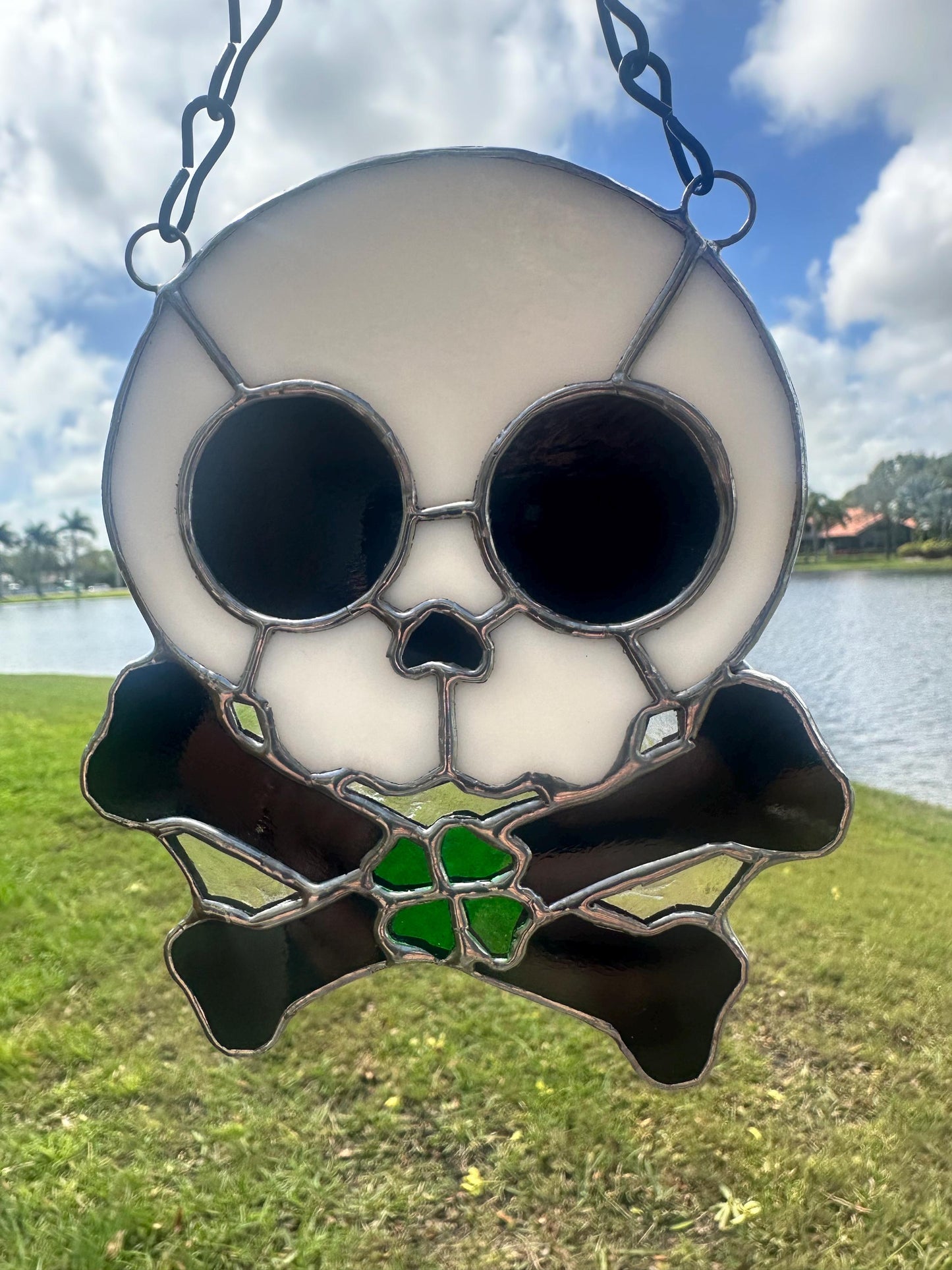 Four Leaf Clover Skull & Crossbones Stained Glass Suncatcher