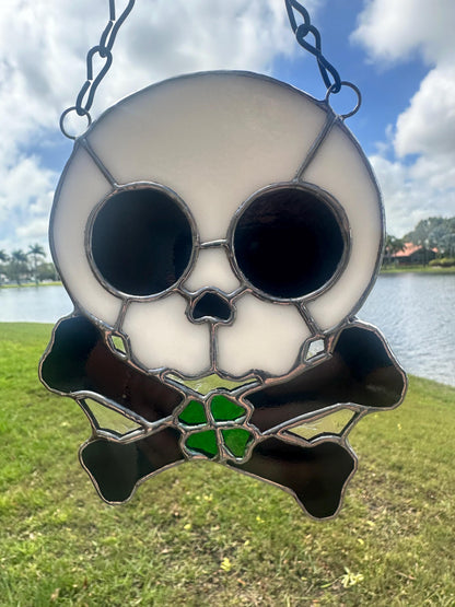 Four Leaf Clover Skull & Crossbones Stained Glass Suncatcher