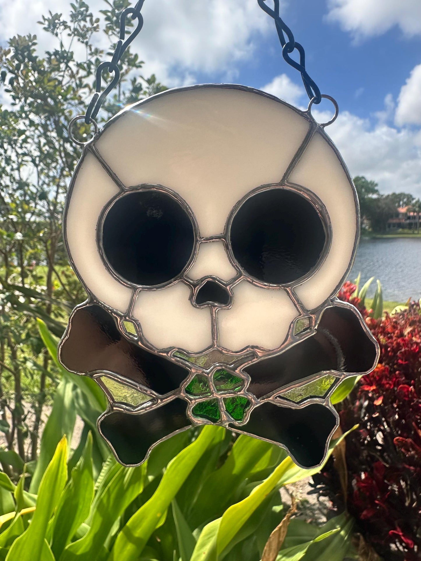 Four Leaf Clover Skull & Crossbones Stained Glass Suncatcher