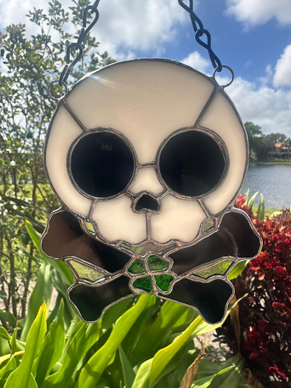 Four Leaf Clover Skull & Crossbones Stained Glass Suncatcher