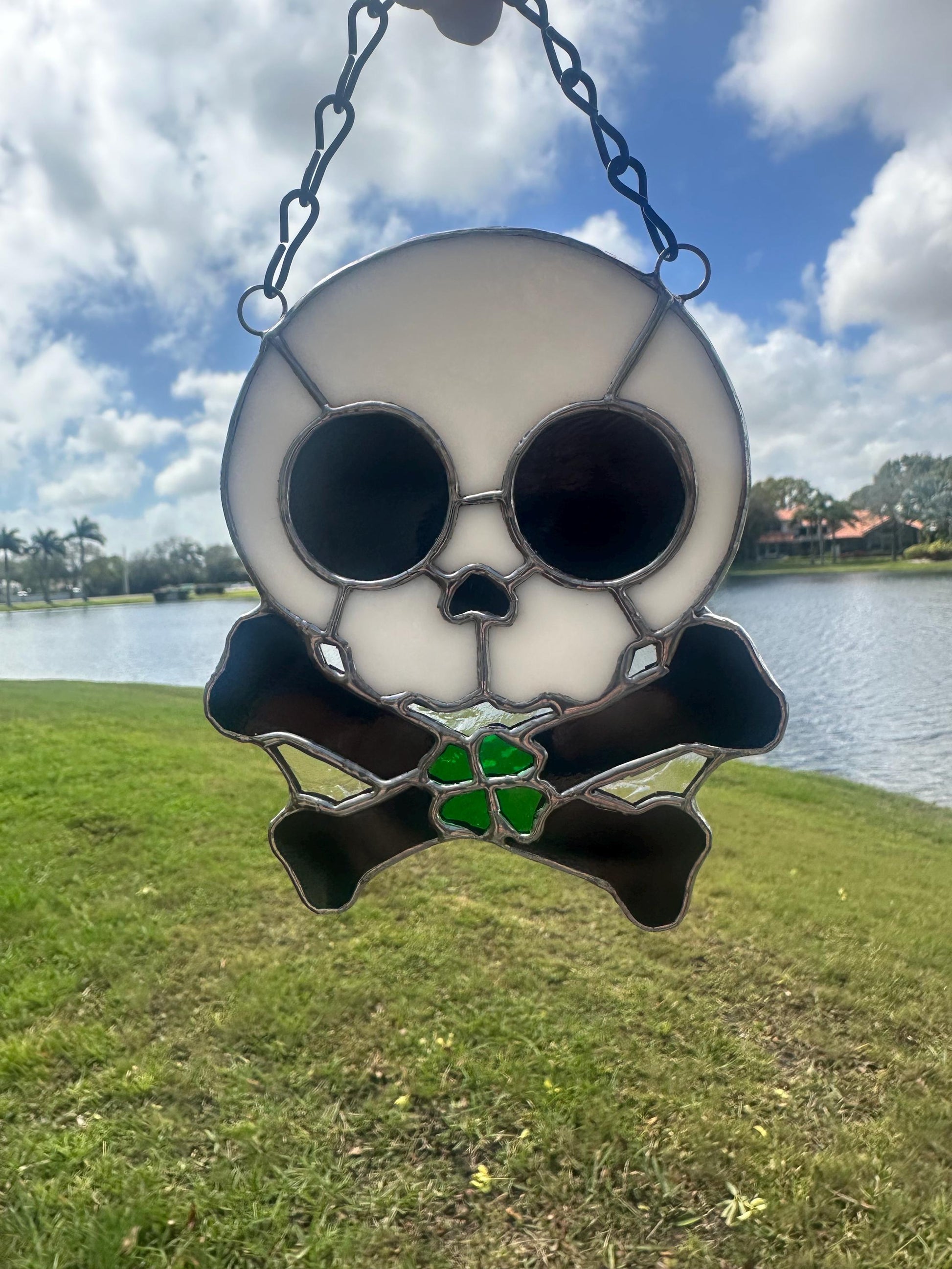 Four Leaf Clover Skull & Crossbones Stained Glass Suncatcher
