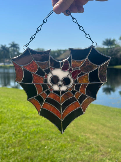 Stained Glass Spiderweb Skull Suncatcher | Gothic Window Hanging
