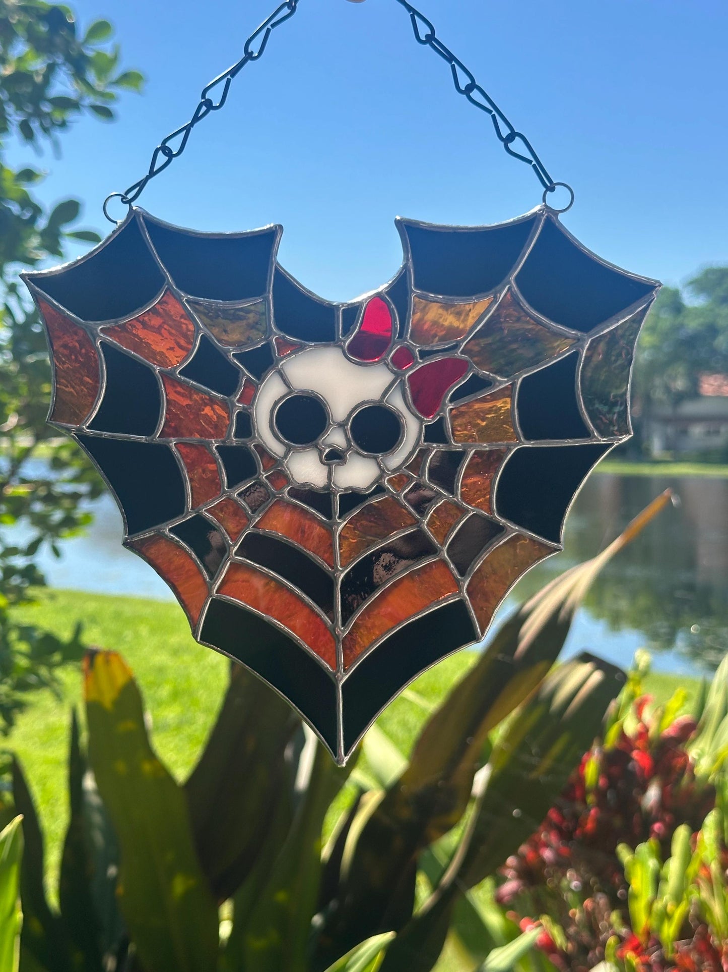 Stained Glass Spiderweb Skull Suncatcher | Gothic Window Hanging