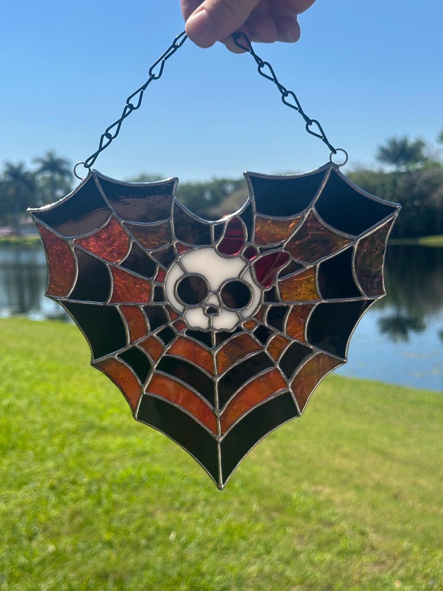 Stained Glass Spiderweb Skull Suncatcher | Gothic Window Hanging