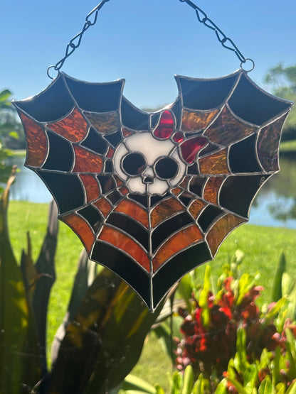 Stained Glass Spiderweb Skull Suncatcher | Gothic Window Hanging