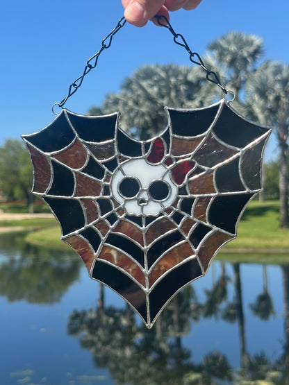 Stained Glass Spiderweb Skull Suncatcher | Gothic Window Hanging
