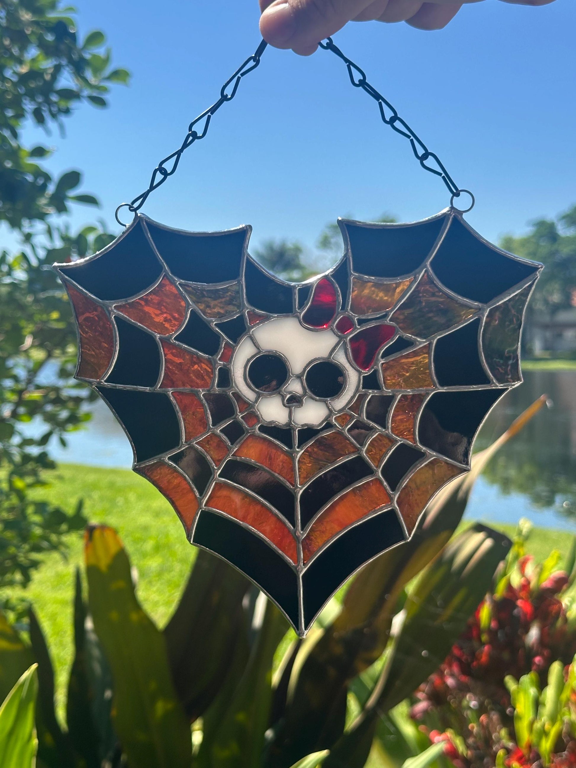 Stained Glass Spiderweb Skull Suncatcher | Gothic Window Hanging