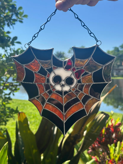 Stained Glass Spiderweb Skull Suncatcher | Gothic Window Hanging