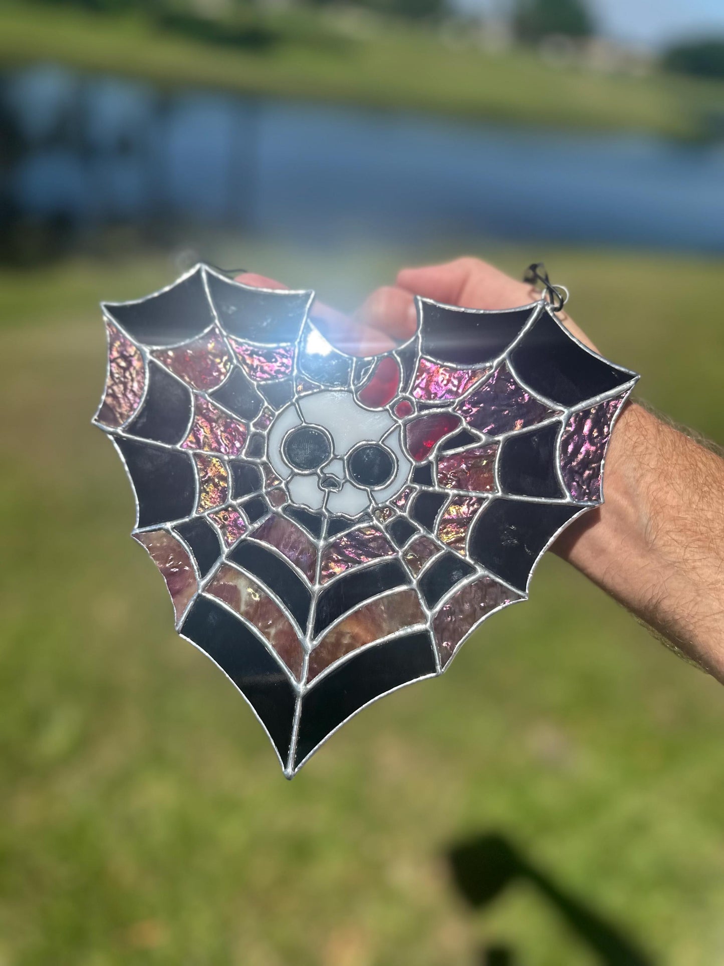 Stained Glass Spiderweb Skull Suncatcher | Gothic Window Hanging