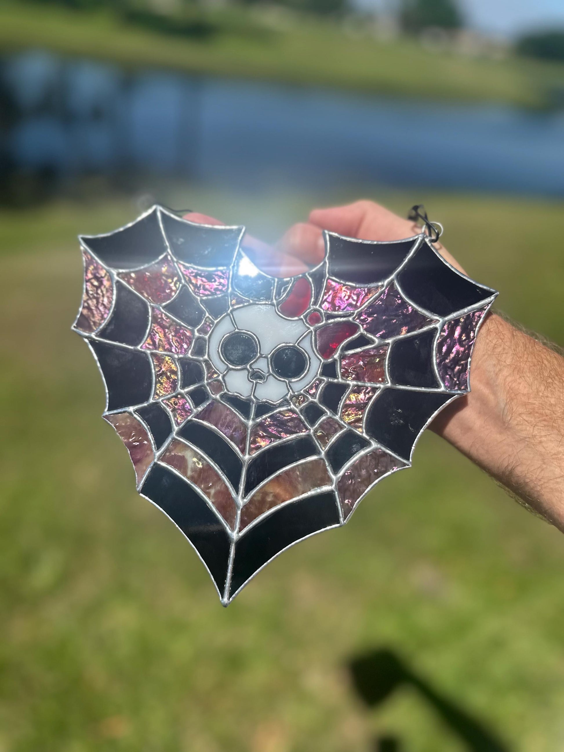 Stained Glass Spiderweb Skull Suncatcher | Gothic Window Hanging