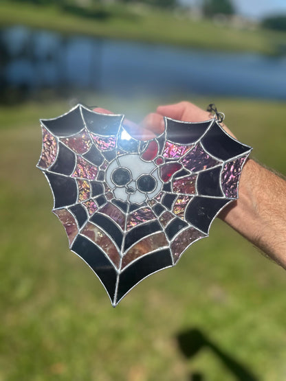 Stained Glass Spiderweb Skull Suncatcher | Gothic Window Hanging