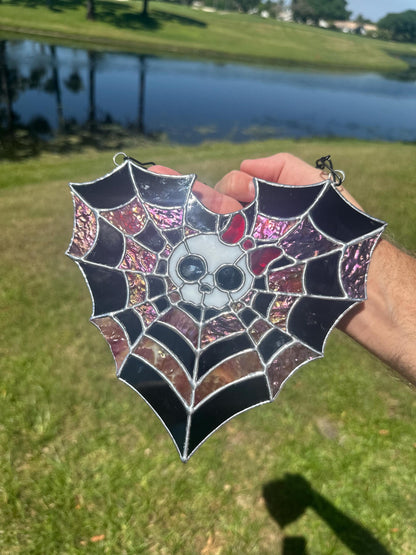 Stained Glass Spiderweb Skull Suncatcher | Gothic Window Hanging