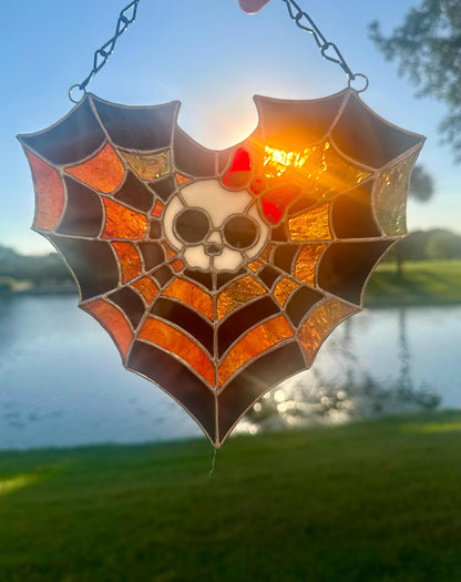 Stained Glass Spiderweb Skull Suncatcher | Gothic Window Hanging